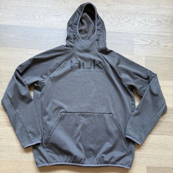 Huk Fin Hoodie Men Large Gray Base Layer Performance Fishing Fleece - Picture 1 of 12